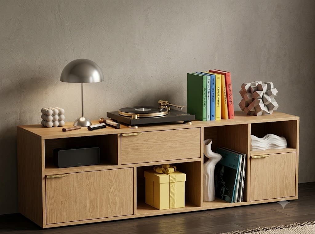 Low light-oak open-frame sideboard against a plaster wall, holding a turntable and books